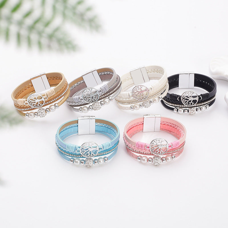 Drilled-bead Multi-layer PU Leather Braided Magnetic-clasp Bracelet