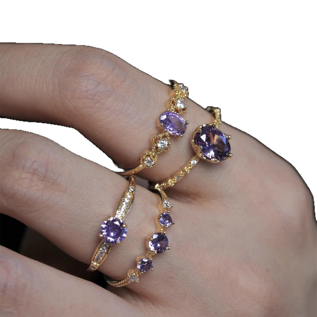 French Retro High-End Gentle Light Luxury Micro-Set Sparkling Purple Zircon Open Ring