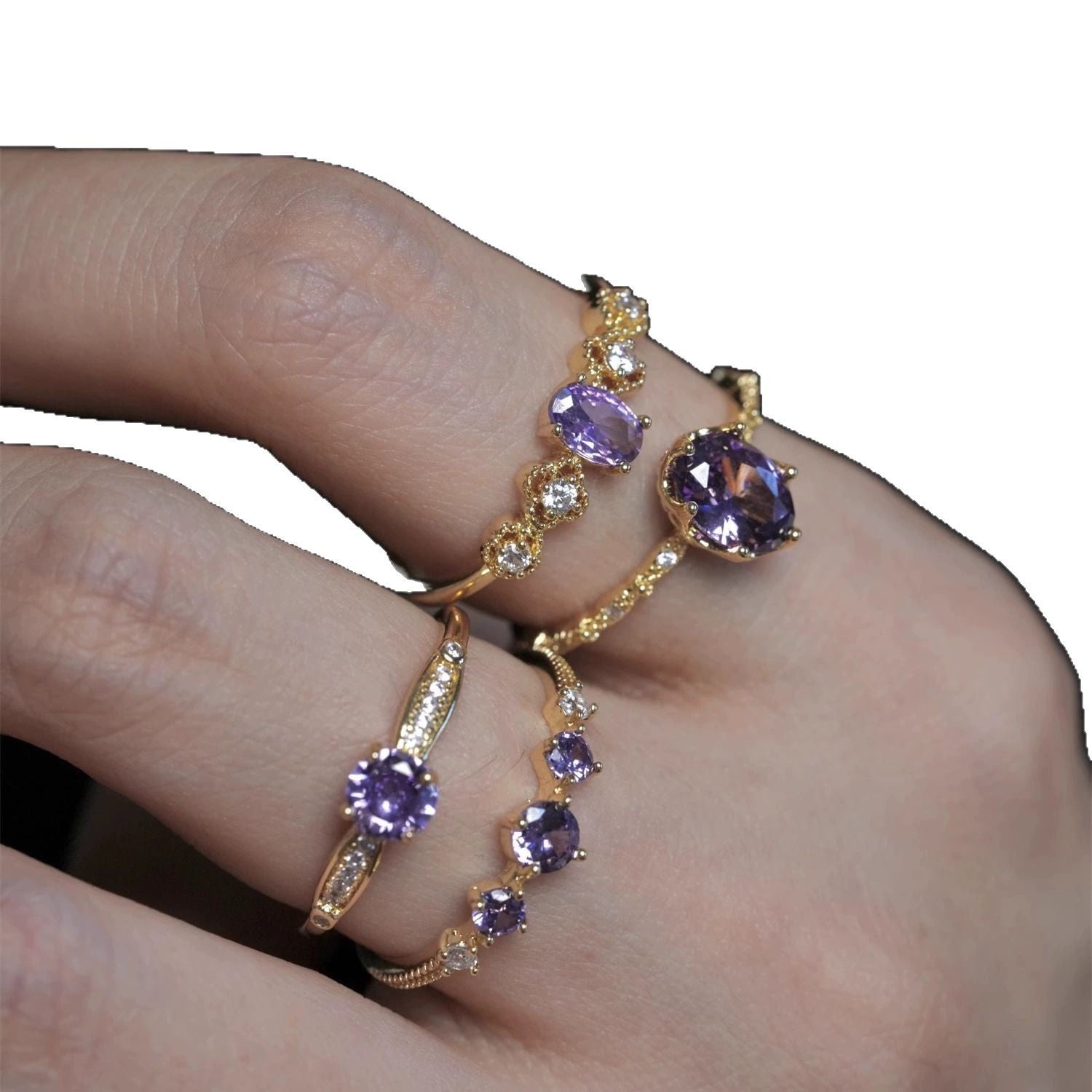 French Retro High-End Gentle Light Luxury Micro-Set Sparkling Purple Zircon Open Ring