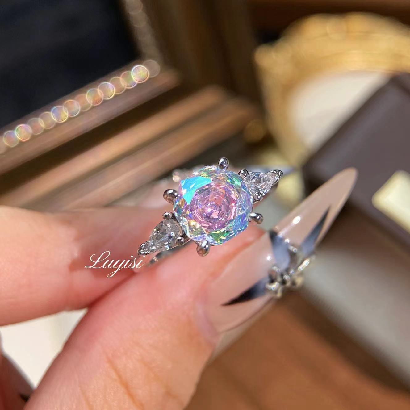 Vintage Dopaminring, Trendiger leichter Luxus-Moissanit-Ring mit farbigen Steinen