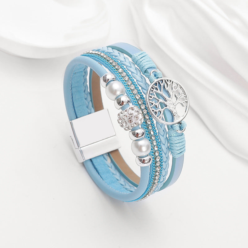 Drilled-bead Multi-layer PU Leather Braided Magnetic-clasp Bracelet