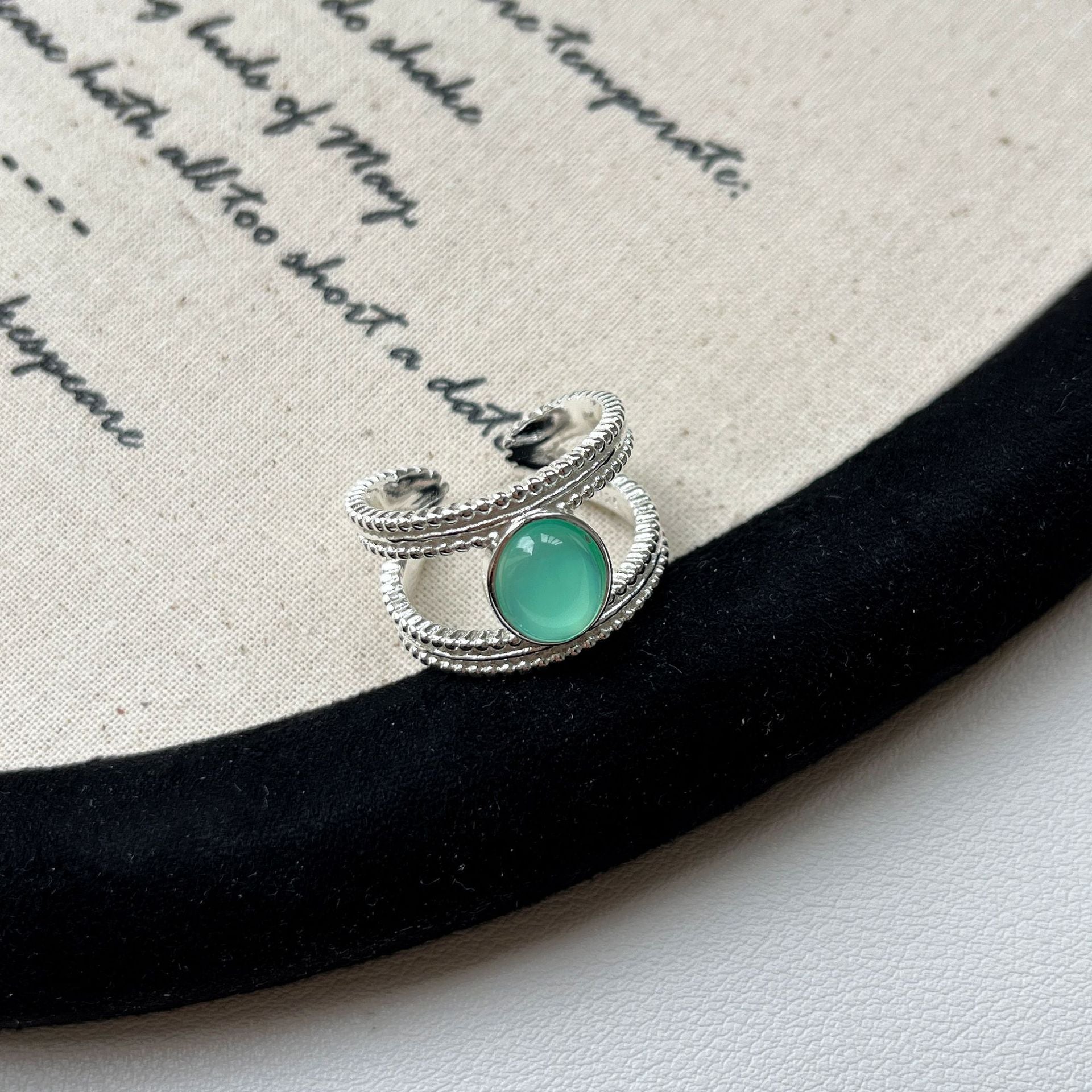S925 Sterling Silver Retro Green Double-Strand Ring For Women Open-End Adjustable