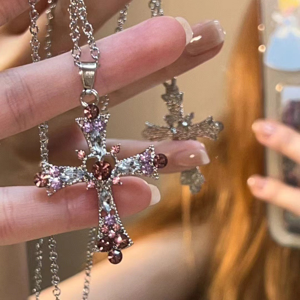 Gothic Cross Pendant Necklace For Women, Y2K Heavy Duty Bling Rhinestone Clavicle Chain, Vintage Punk Hip Hop Trendy Streetwear Jewelry