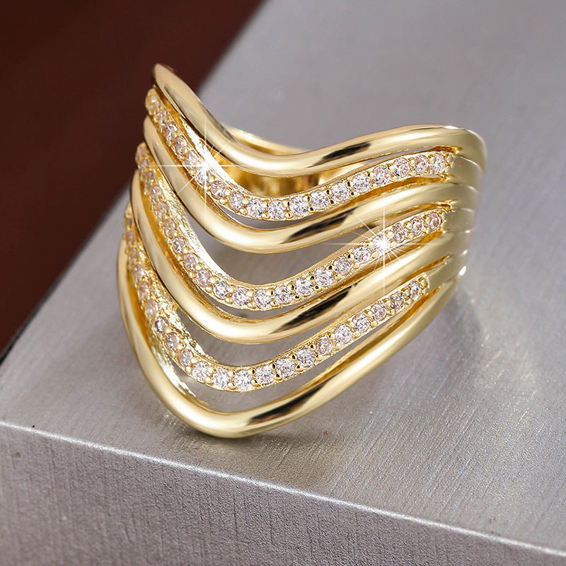 Multi-layer Curved Micro-pave Cubic Zirconia Ring Fashionable Andive Design Perfect For Stacking