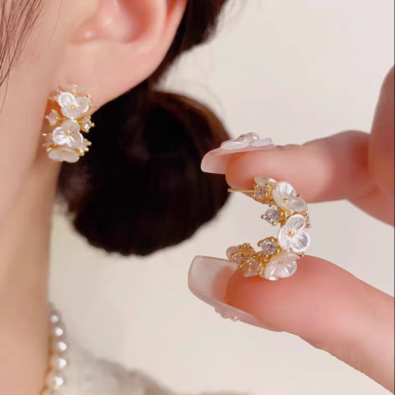 Fresh And Chic C Shaped Earrings With Diamond Encrusted Flowers For Women