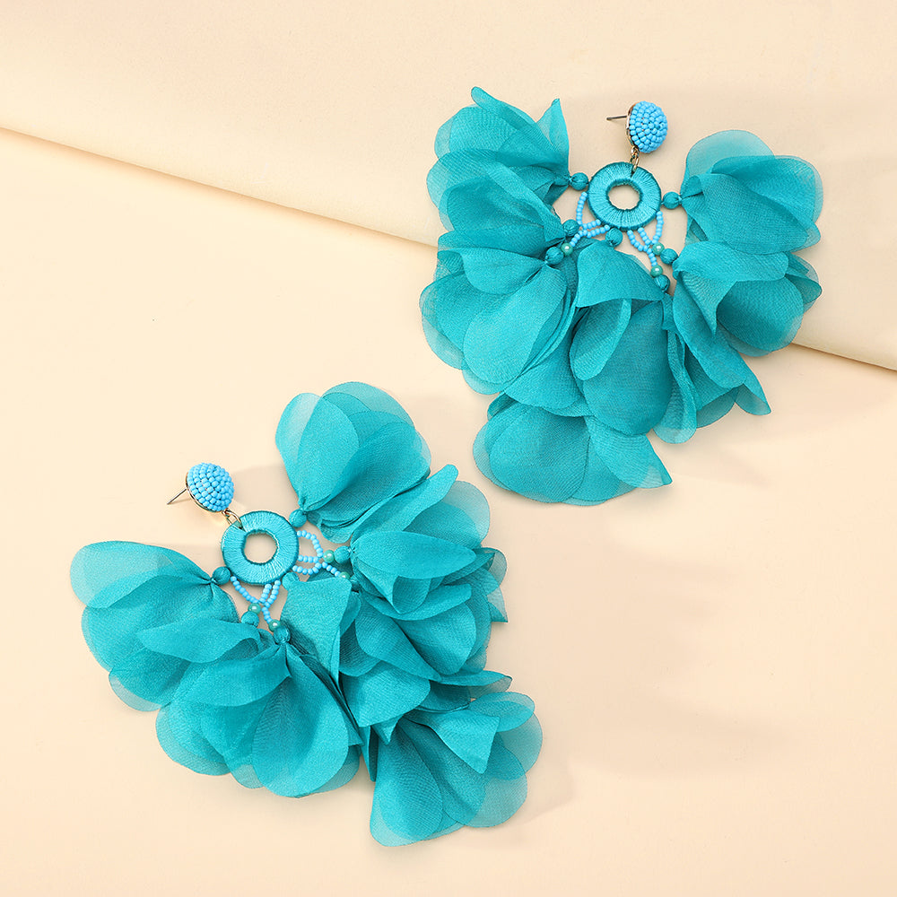 Handgefertigte böhmische Perlen-Chiffon-Blumen-Quastenohrringe für Damen Tropischer Urlaub Statement-Schmuck