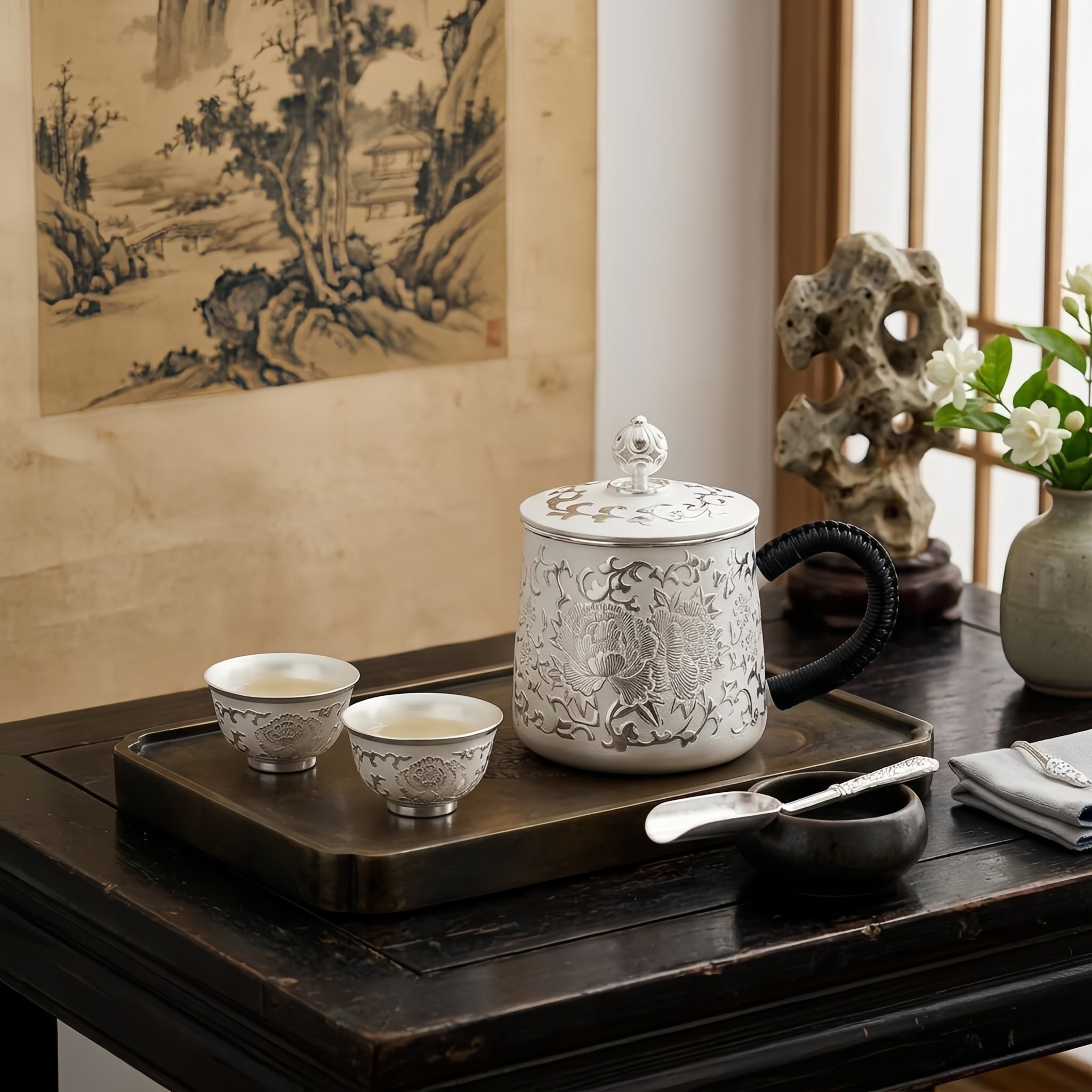 Pure 999 Fine Silver Ornate Silver Floral Porcelain Mug with Decorative Lid and Handcrafted Wrapped Handle - Handicraft