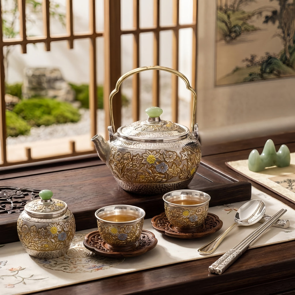 925 Sterling Silver Handcrafted Ornate Metal Teapot Featuring Jade Finial and Intricate Floral Carvings - Handicraft