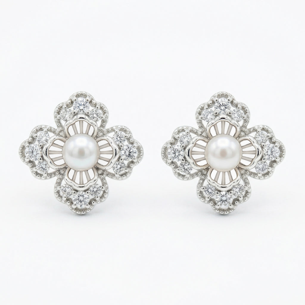 925 Sterling Silver Elegant Floral Pearl and Sparkling Accent Stud Earrings in White Metal