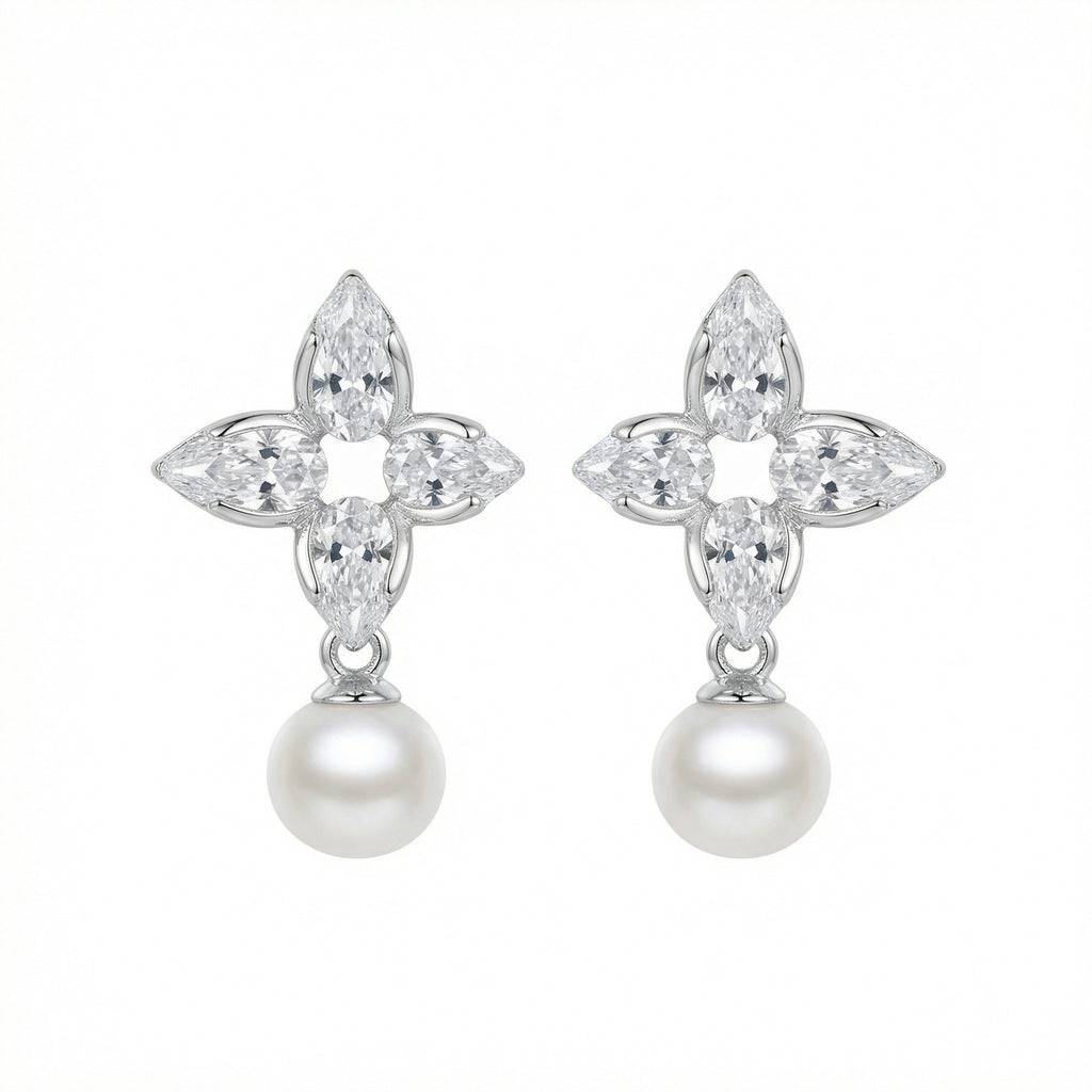 925 Sterling Silver Elegant Floral Marquise Cluster Pearl Drop Earrings