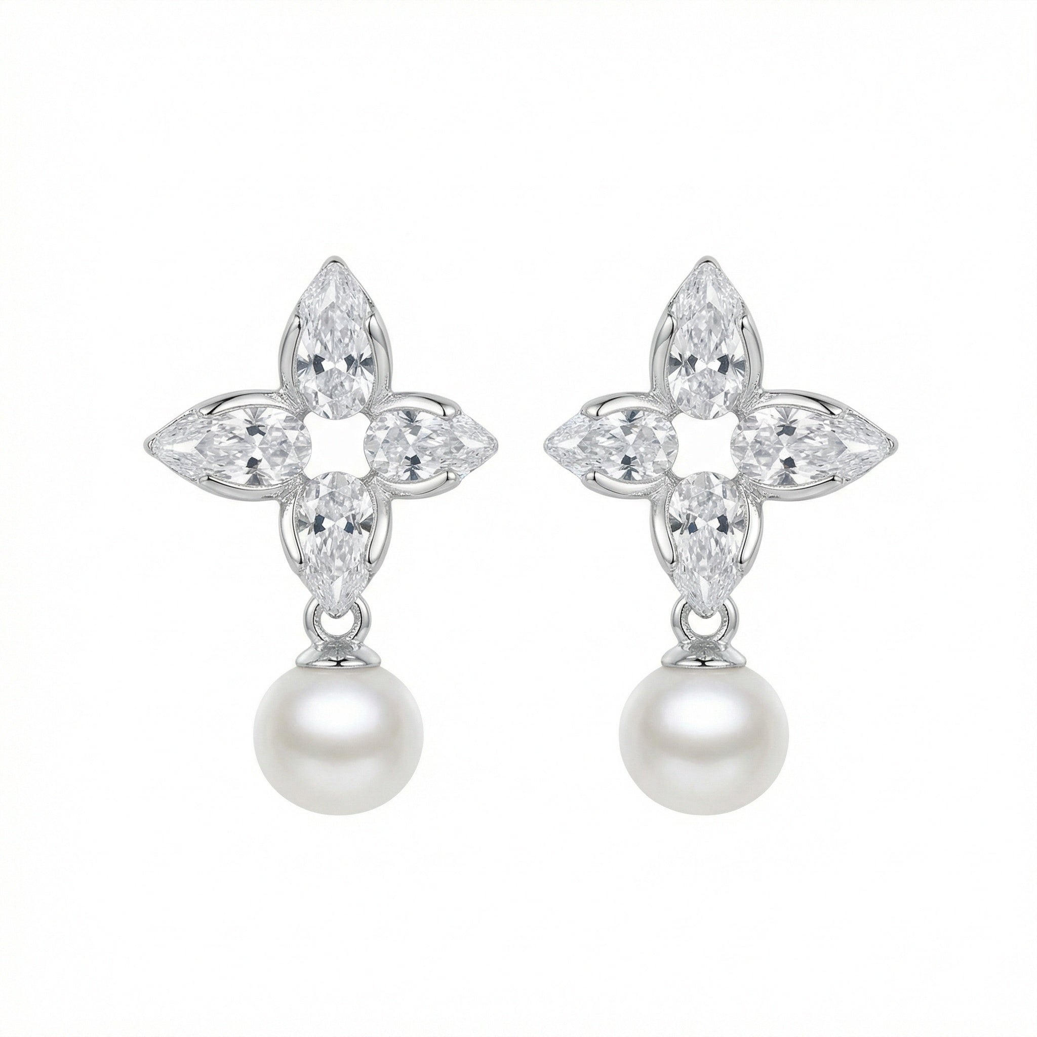 925 Sterling Silver Elegant Floral Marquise Cluster Pearl Drop Earrings