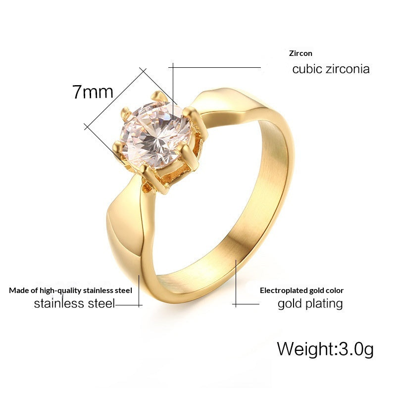 Women's Titanium Steel Claw-Set Single Zircon Ring