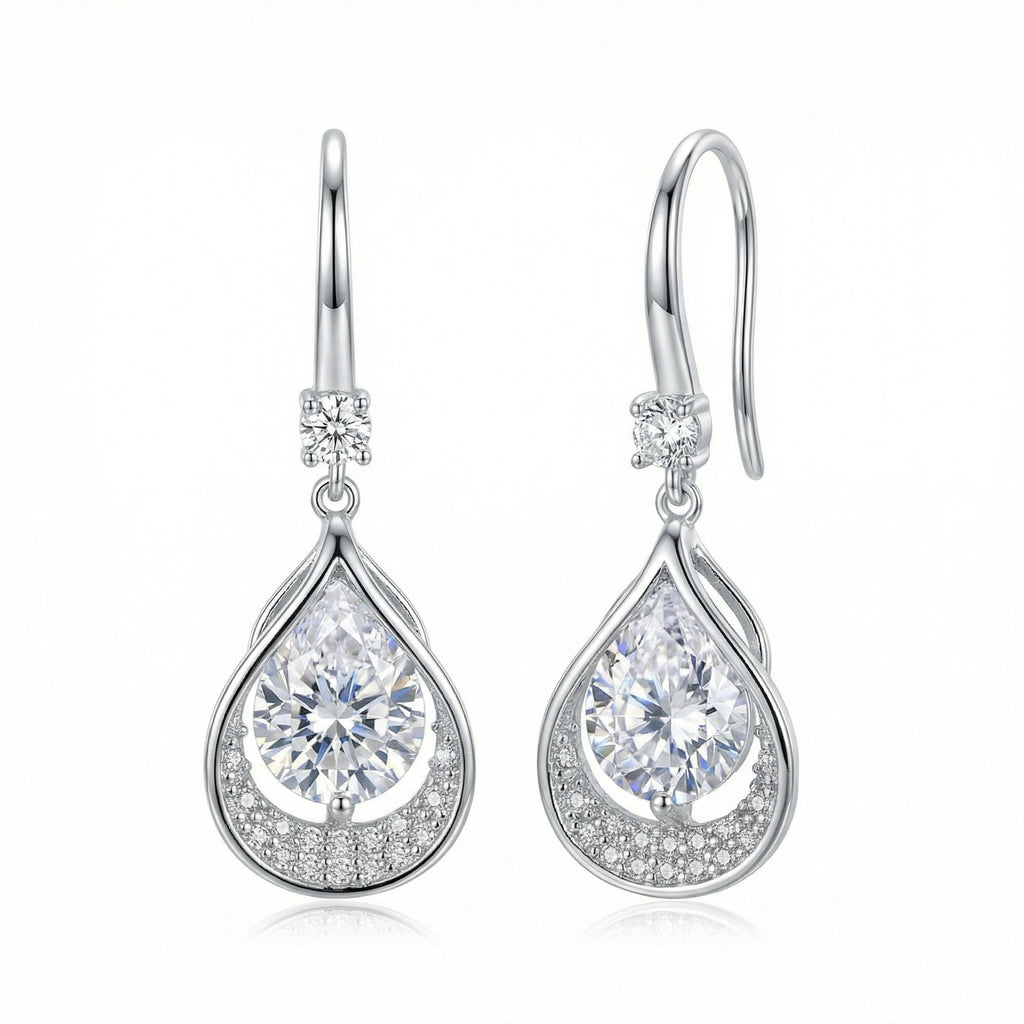 925 Sterling Silver Elegant Pear-Shaped Teardrop Halo Dangle Earrings in Sterling Silver Finish