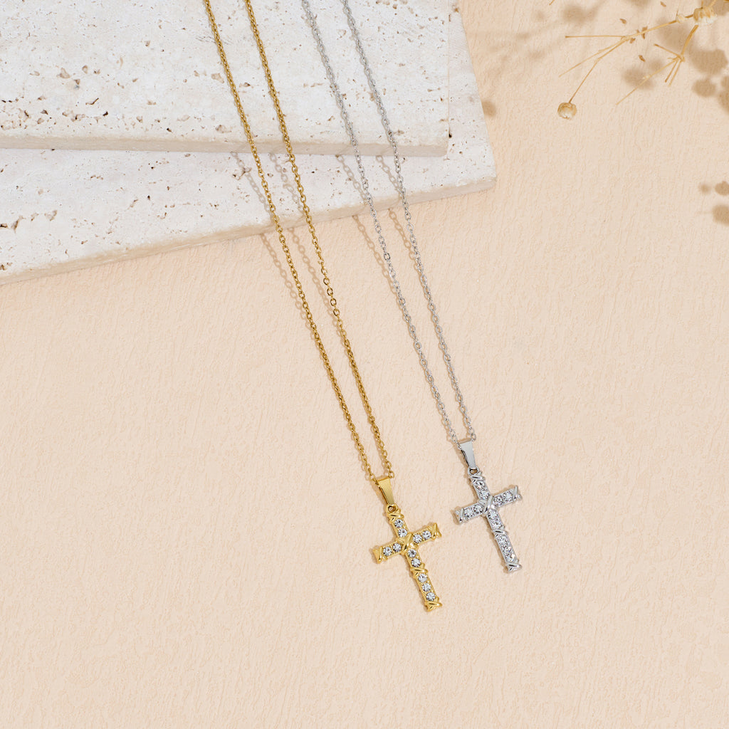 Stainless Steel Inlaid Zircon Cross Pendant Necklace For Men And Women