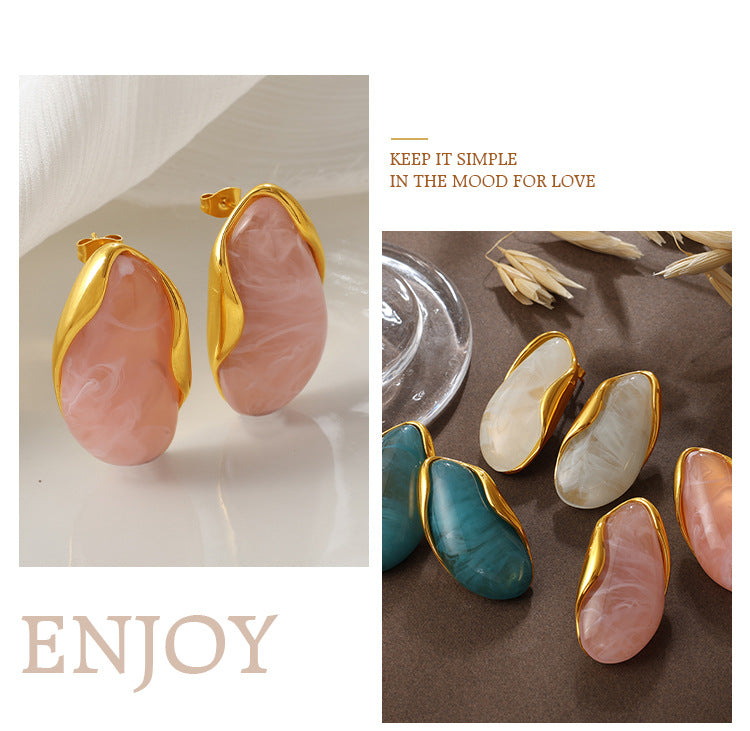 European And American Retro Irregular Amber Powder-white-blue Gradient-dyed Gold-edge Ear Ring, Non-fading, 18K Gold-plated, Exclusive Small-sized Earrings
