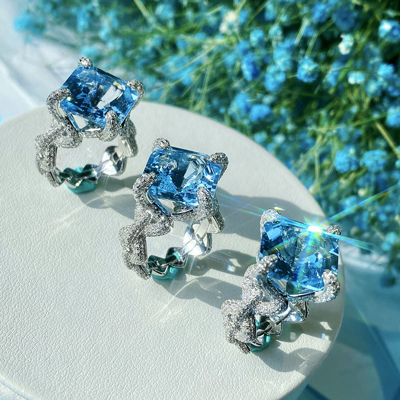 Square Cut Blue Gem Pave Ring, Sparkling Engagement Ring For Her