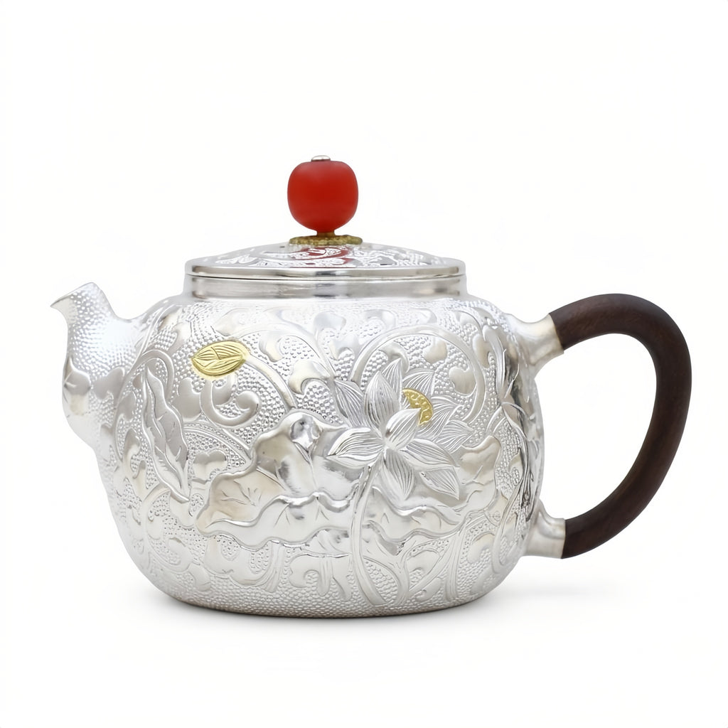 Pure 999 Fine Silver Handcrafted Silver Teapot Featuring Intricate Lotus Engravings and a Crimson Finial - Handicraft