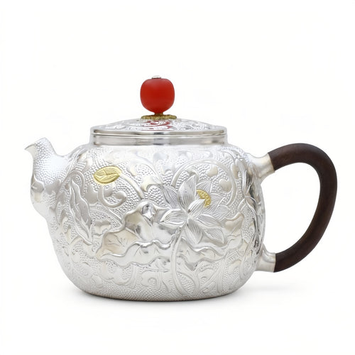 Pure 999 Fine Silver Handcrafted Silver Teapot Featuring Intricate Lotus Engravings and a Crimson Finial - Handicraft
