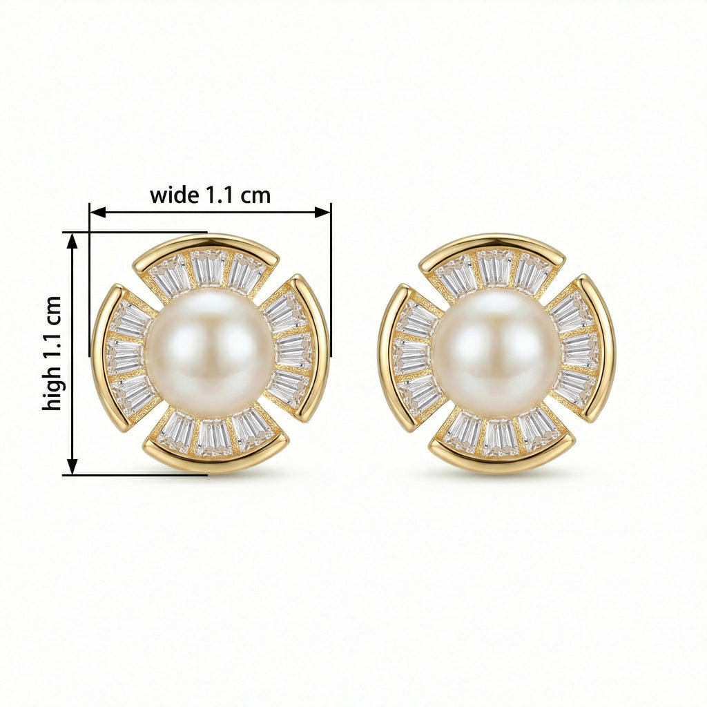 925 Sterling Silver Radiant Pearl and Baguette-Cut Fan-Shaped Stud Earrings