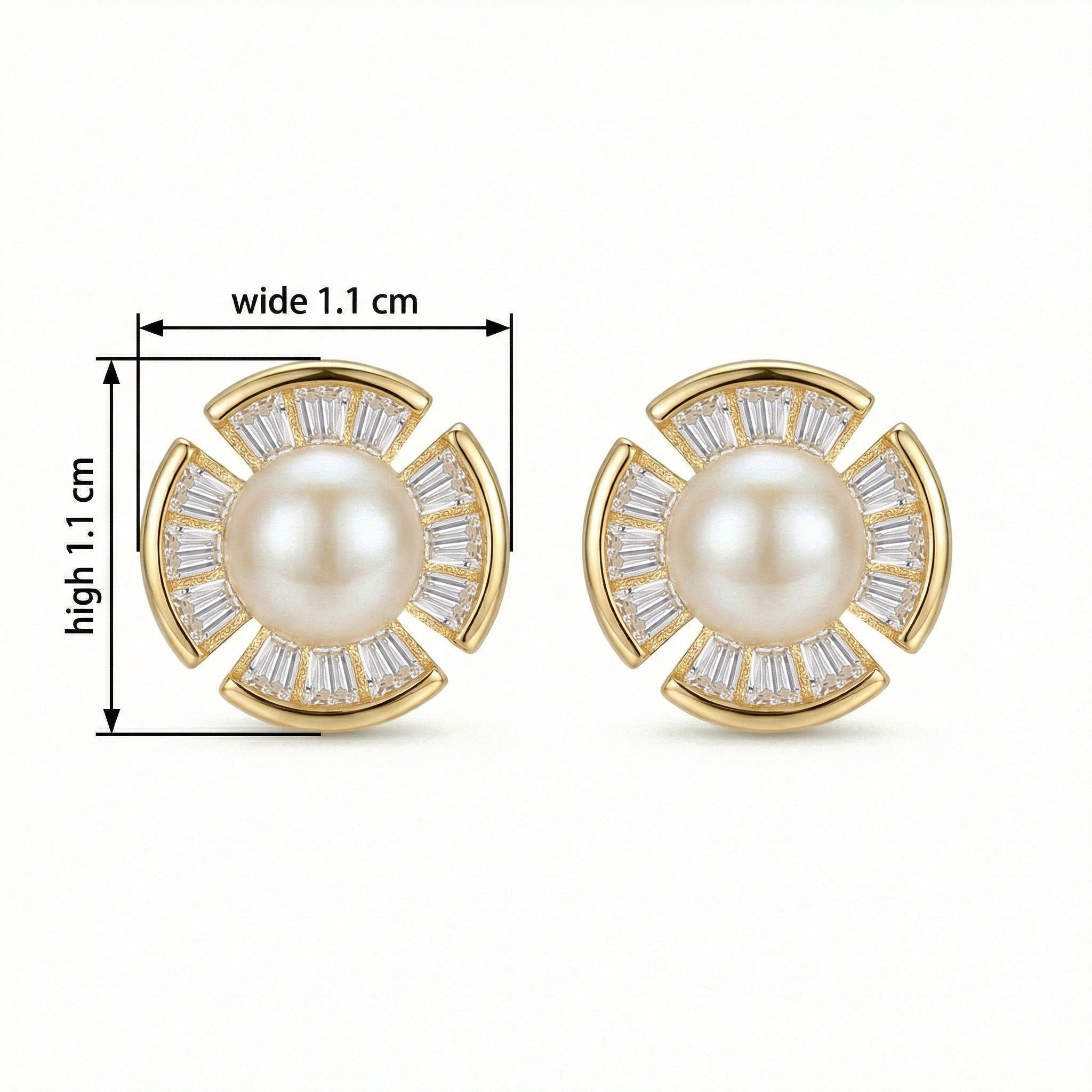 925 Sterling Silver Radiant Pearl and Baguette-Cut Fan-Shaped Stud Earrings
