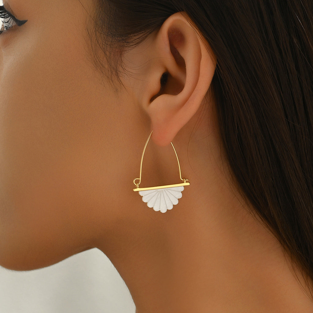 Womens Fan-Shaped Ear Studs With Mother-of-Pearl Inlay