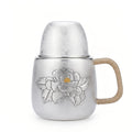 925 Sterling Silver Silver Peony Tea Vessel with Natural Rattan Handle and Floral Relief - Handicraft