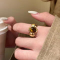 Vintage Tiger Eye Open Ring, Dainty Gold Plated Statement Band, Boho Stackable Finger Ring For Women