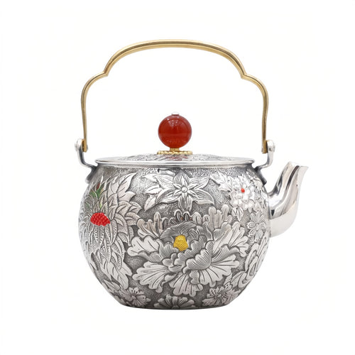 Reiner 999er Feinsilber aufwendig handgefertigter silberner Teekessel mit detaillierten Blumenravuren und rotem Edelsteindeckel - Kunsthandwerk