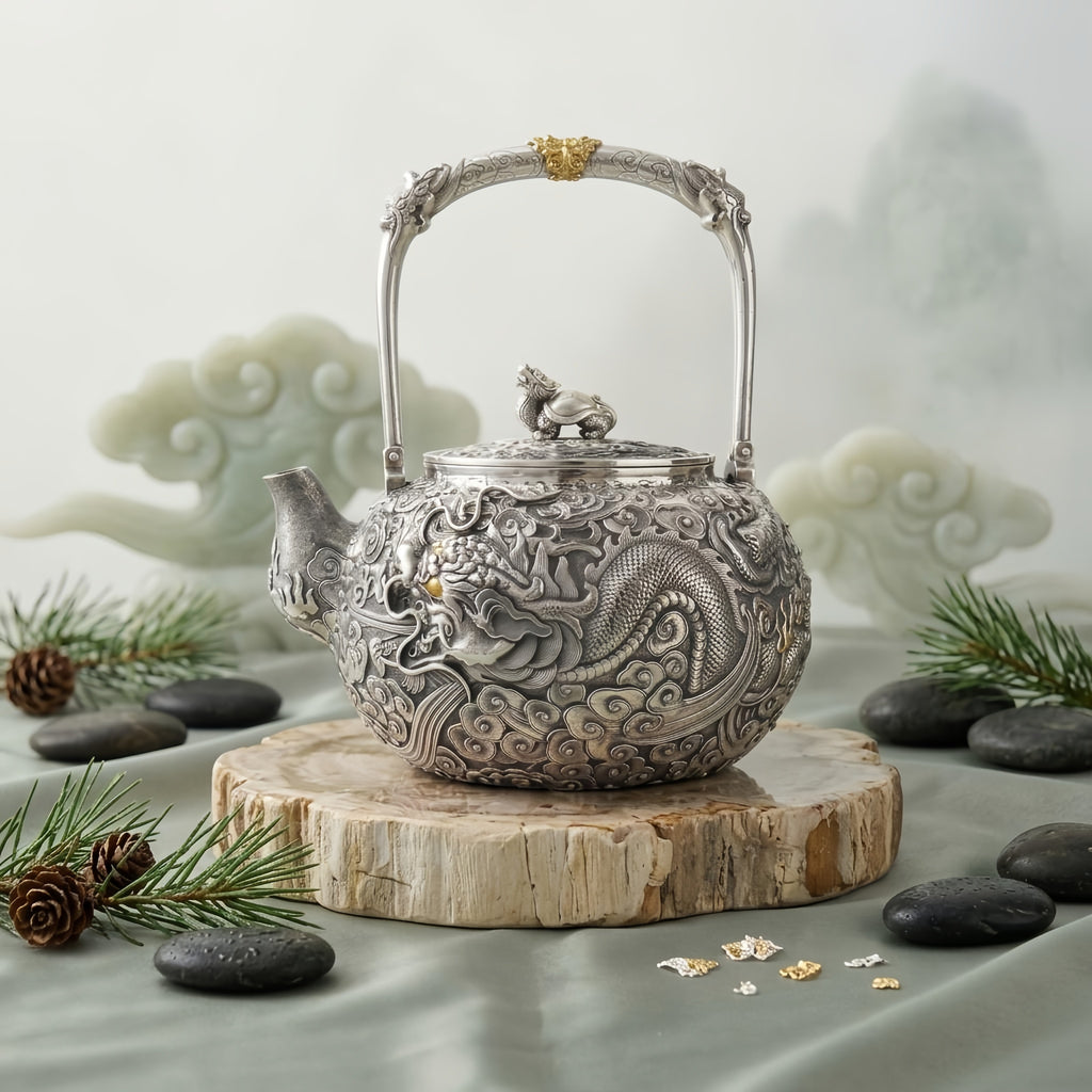 Pure 999 Fine Silver Elaborate Hand-Carved Silver Teapot with Majestic Dragon Motif and Ornate High Handle - Handicraft