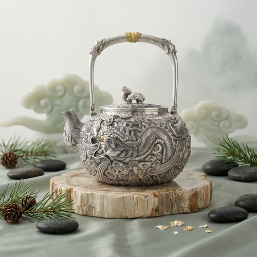 Pure 999 Fine Silver Elaborate Hand-Carved Silver Teapot with Majestic Dragon Motif and Ornate High Handle - Handicraft