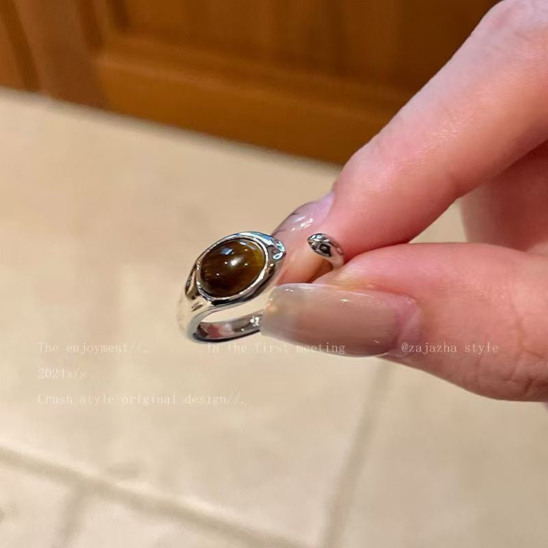 Vintage Silber Opal Offener Ring für Damen, Nischen-Design, minimalistischer High-End Zeigefingerring