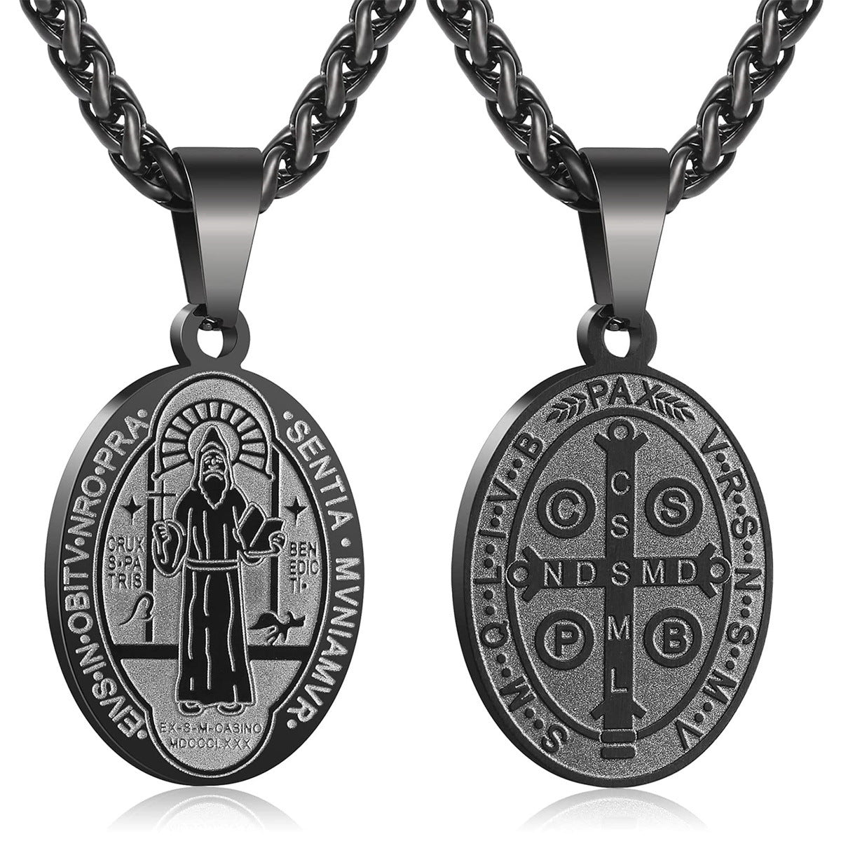 Double-Sided Portrait Medal Cross Stainless Steel Pendant Necklace For Men And Women