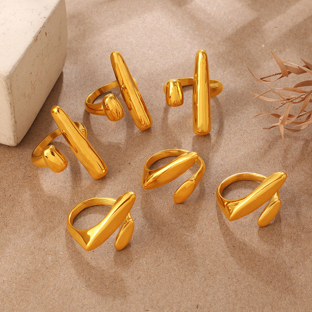 Light Luxury Gold Irregular Geometric Ring, 18K Gold Plated Stainless Steel, Vintage High-End Open Ring