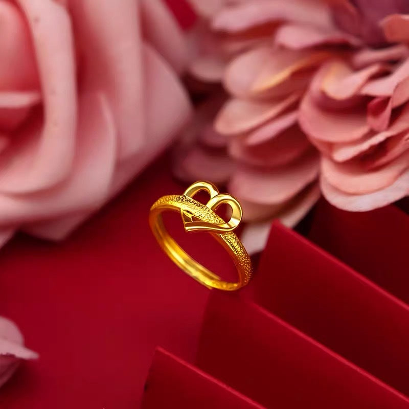 Vergoldeter Doppelherz-Ring aus vietnamesischem Sand für Damen, japanischer und koreanischer Mode verstellbarer offener Liebesring