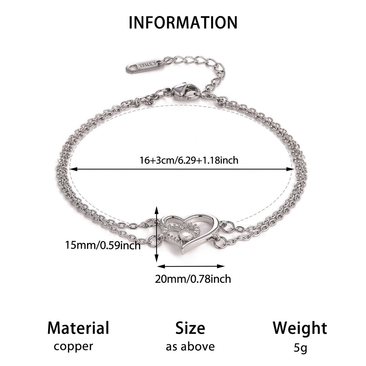 Verstellbares Herz-Zirkon-Armband für Damen