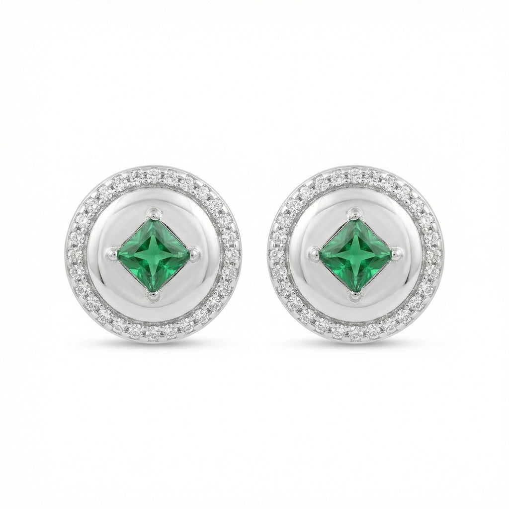925 Sterling Silver Elegant Round Green Gemstone Stud Earrings with Sparkling Halo