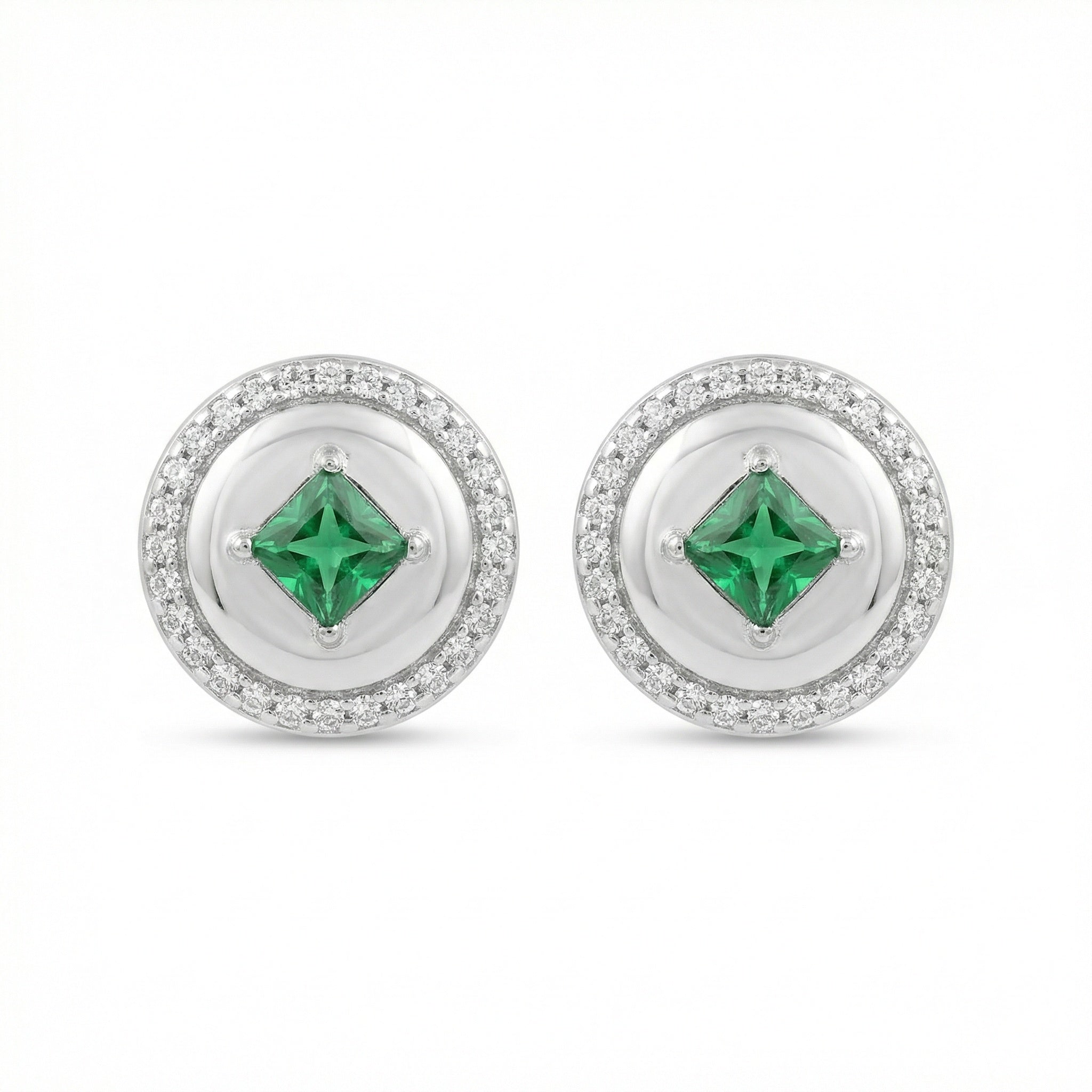 925 Sterling Silver Elegant Round Green Gemstone Stud Earrings with Sparkling Halo