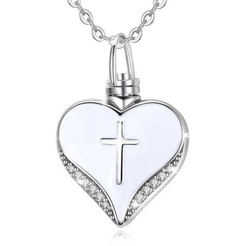 Collar de cremación con corazón de diamantes en forma de cruz