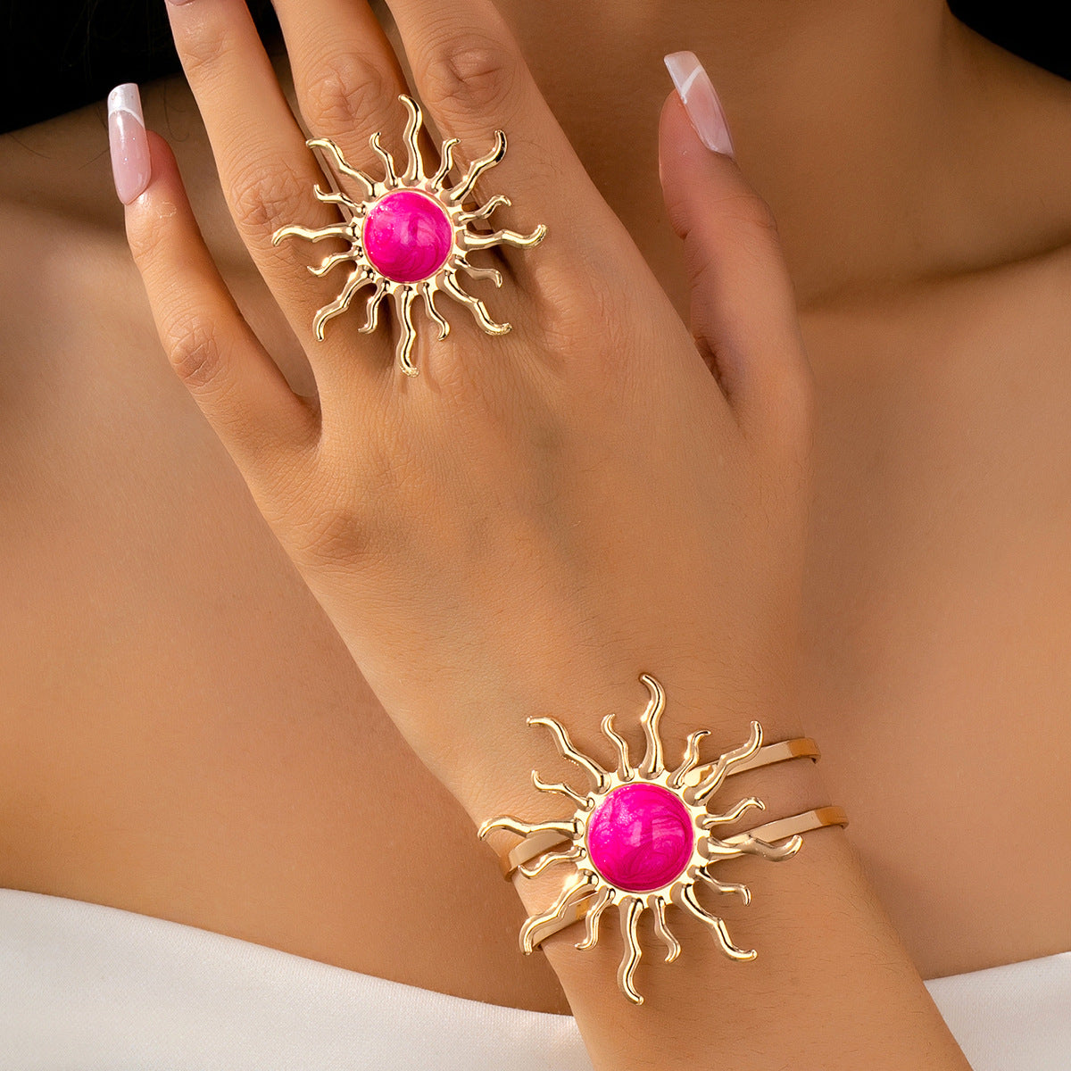 Elegantes und stilvolles Sonnenblumen-Armband- und Ring-Schmuckset für Frauen