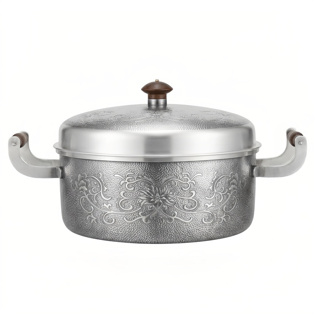 Pure 999 Fine Silver Elegant Floral Engraved Silver Casserole Pot with Wooden Handle Accents - Handicraft