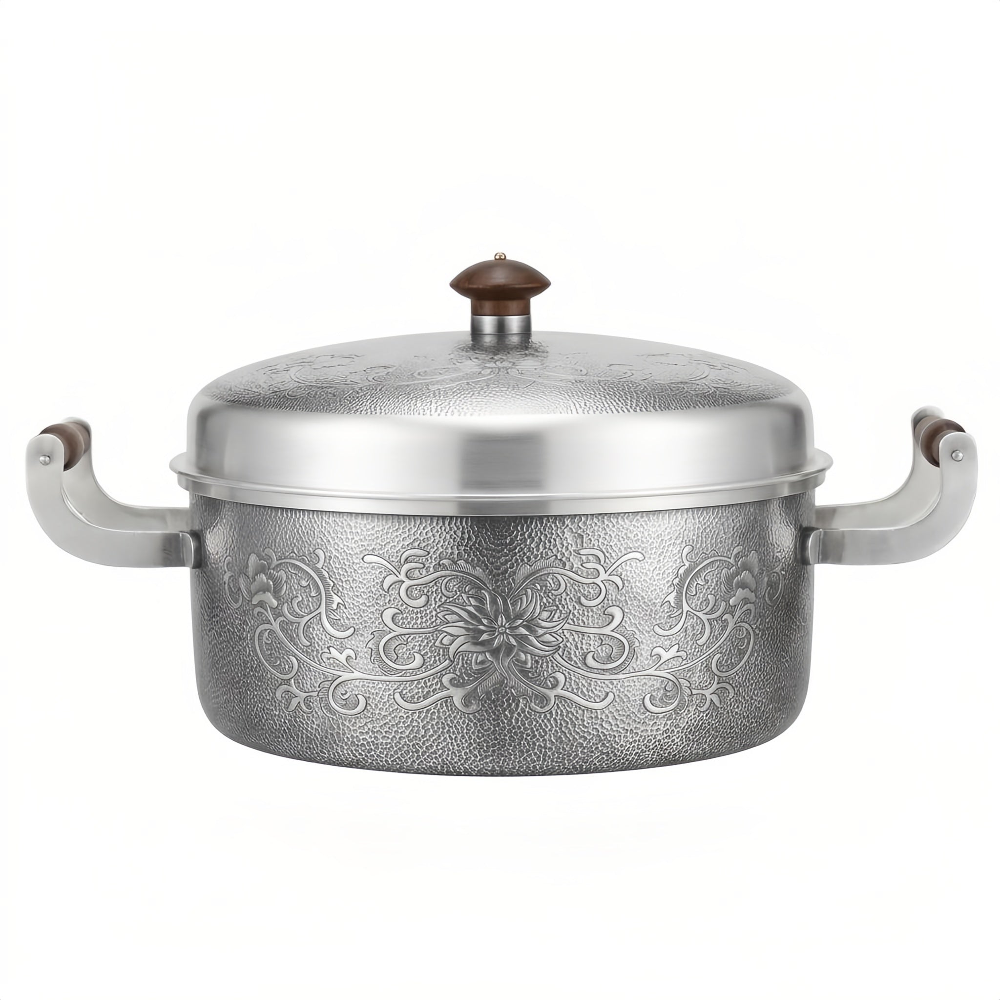 Pure 999 Fine Silver Elegant Floral Engraved Silver Casserole Pot with Wooden Handle Accents - Handicraft
