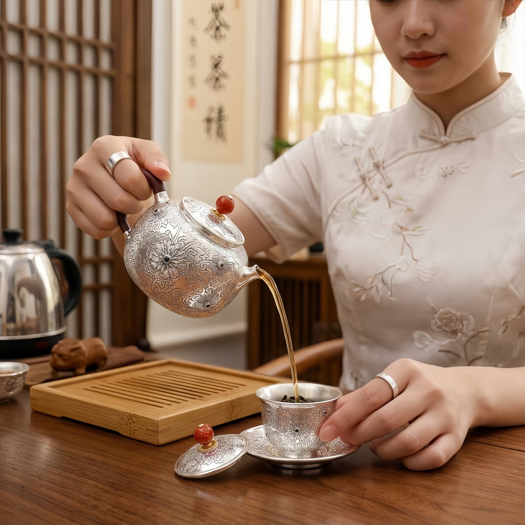 925 Sterling Silver Ornate Hand-Engraved Silver Teapot with Gemstone Accents and Wooden Handle - Handicraft