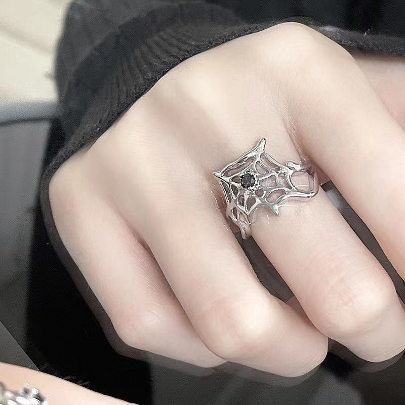 Dunkler Retro Schwarz Edelstein Spinne Nagelring, Nische Design Fortschrittlicher Cooler Stil Offener Verstellbarer Ring
