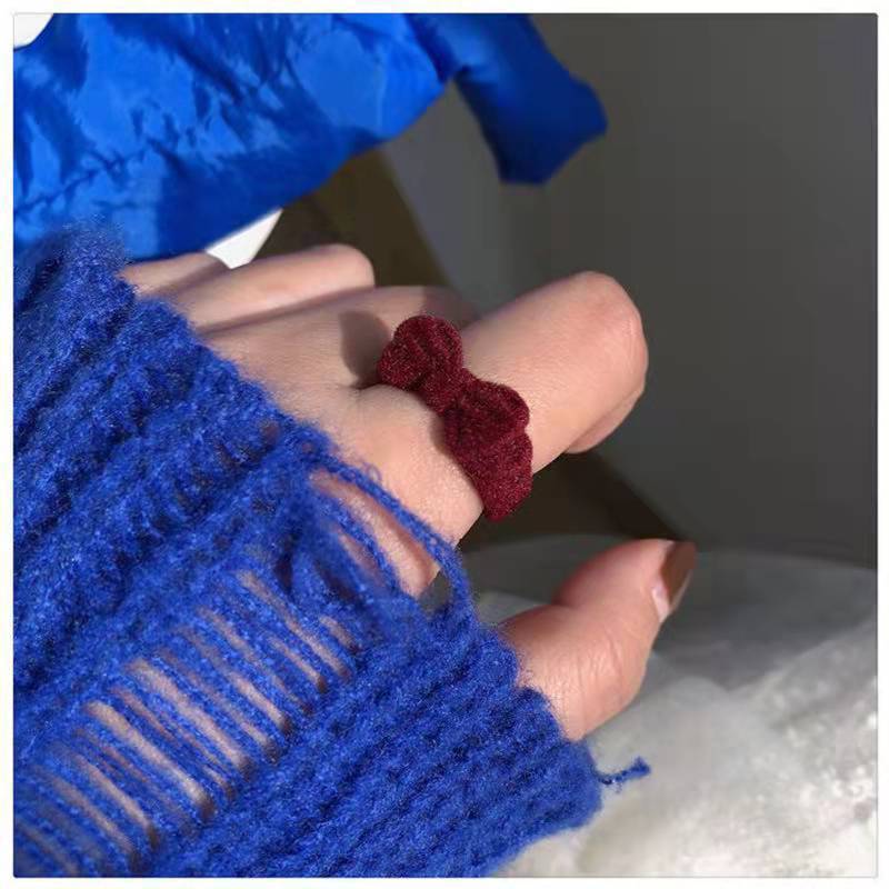 Vintage Burgunderrot beflockter Schleifen-Offenring, Süßes Mädchen Ästhetik Nischen-Design Verstellbarer Fingerring
