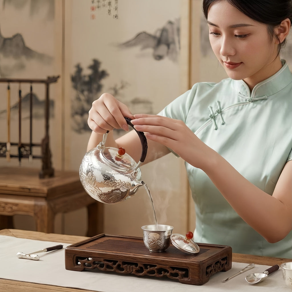 Pure 999 Fine Silver Exquisite Hand-Carved Silver Teapot with Mountain Landscape and Red Stone Finial - Handicraft
