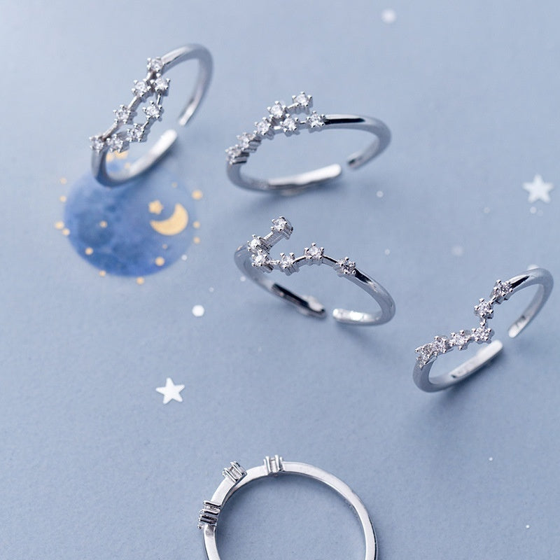 Zircon Silver-Plated Twelve Zodiac Signs Adjustable Open Ring