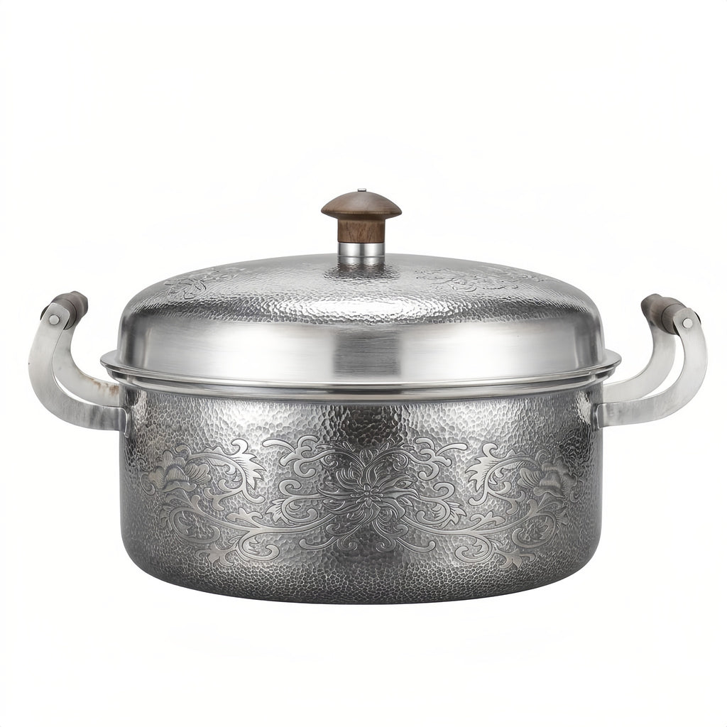 Pure 999 Fine Silver Elegant Hand-Hammered Silver Metal Pot with Intricate Floral Engravings and Wooden Handles - Handicraft