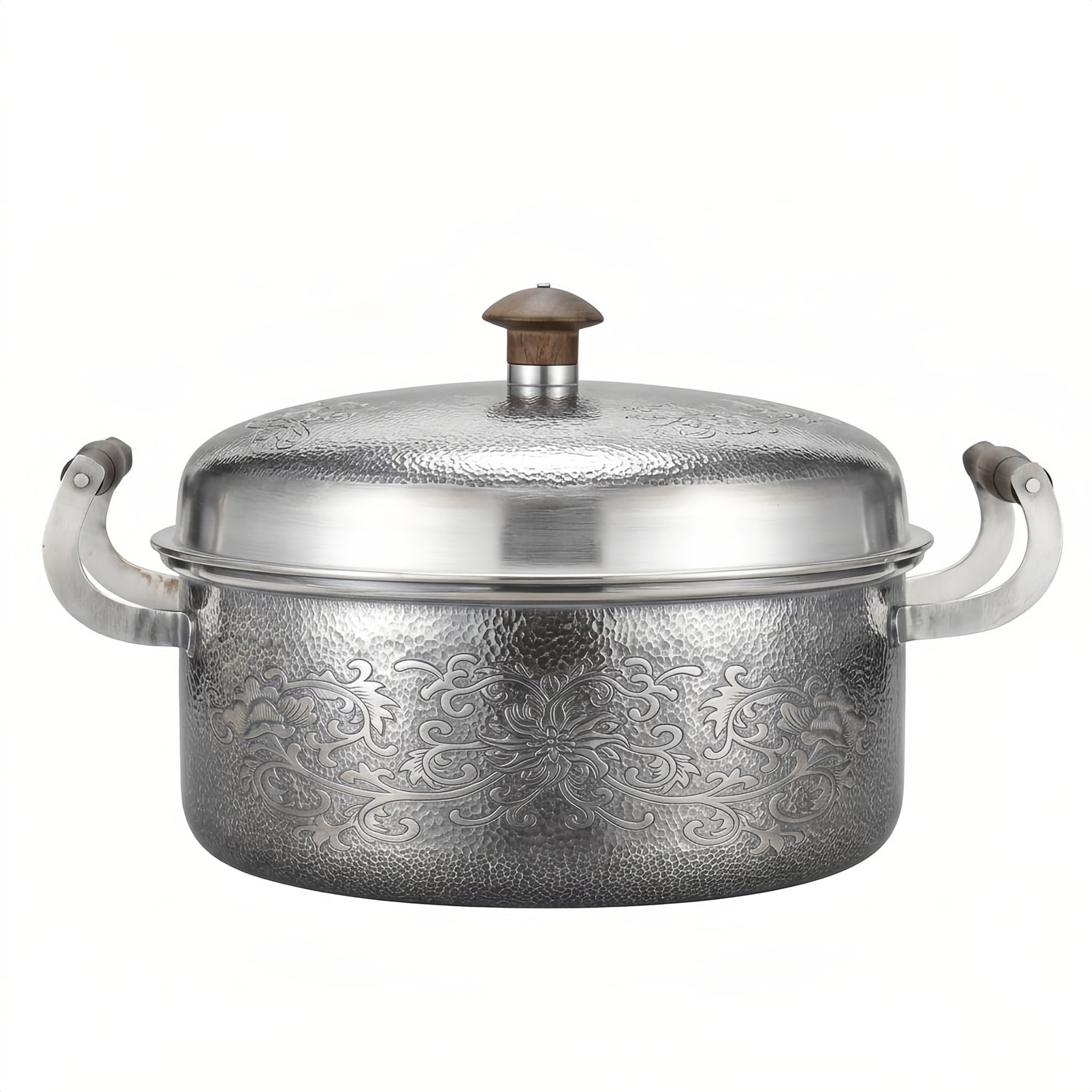 Pure 999 Fine Silver Elegant Hand-Hammered Silver Metal Pot with Intricate Floral Engravings and Wooden Handles - Handicraft