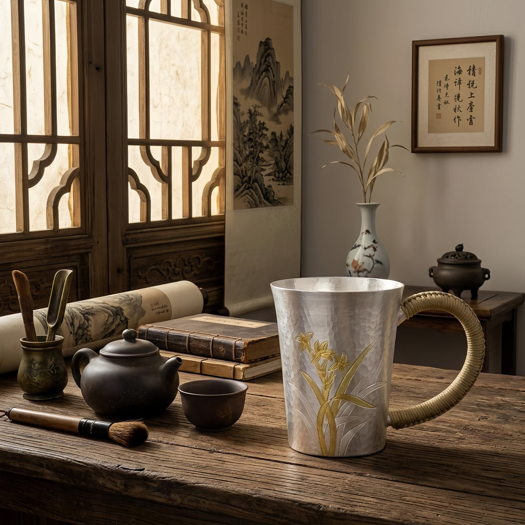 925 Sterling Silver Elegant Hammered Silver Mug with Orchid Engravings and Woven Handle - Handicraft