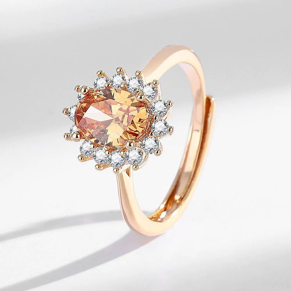Leichter Luxus Sonnenblumenring Champagnergold mit bunten Edelsteinen Hochwertiger Handschmuck